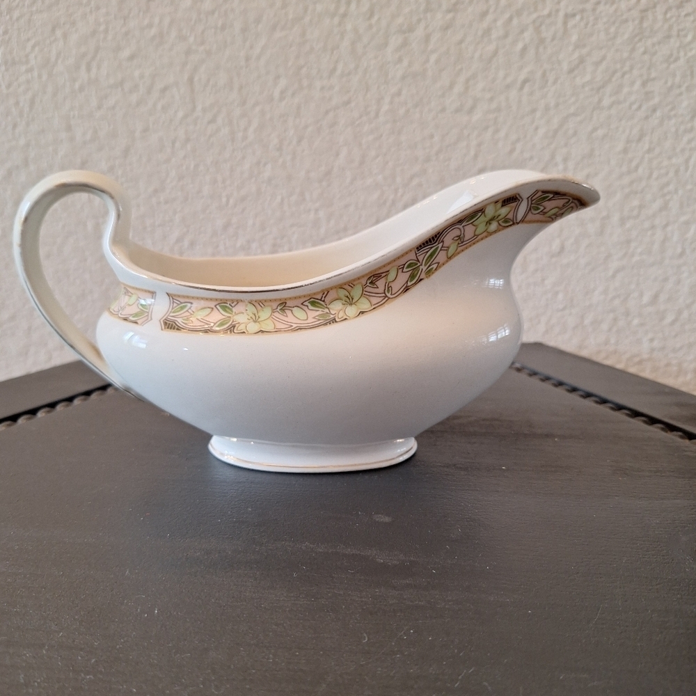 Vintage Johnson Bros England Floral Gravy Boat Pink Green Gold Trim Antique